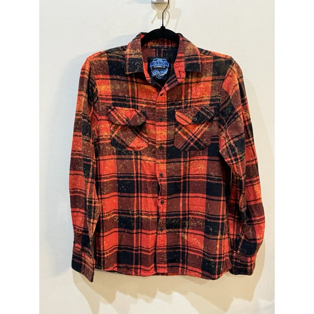 Angry Minnow Brushed Flannel Acid Splatter Red Plaid Size Small Met Later Life - Picture 10 of 10